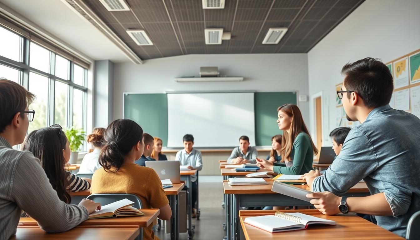 Students studying together in modern classroom